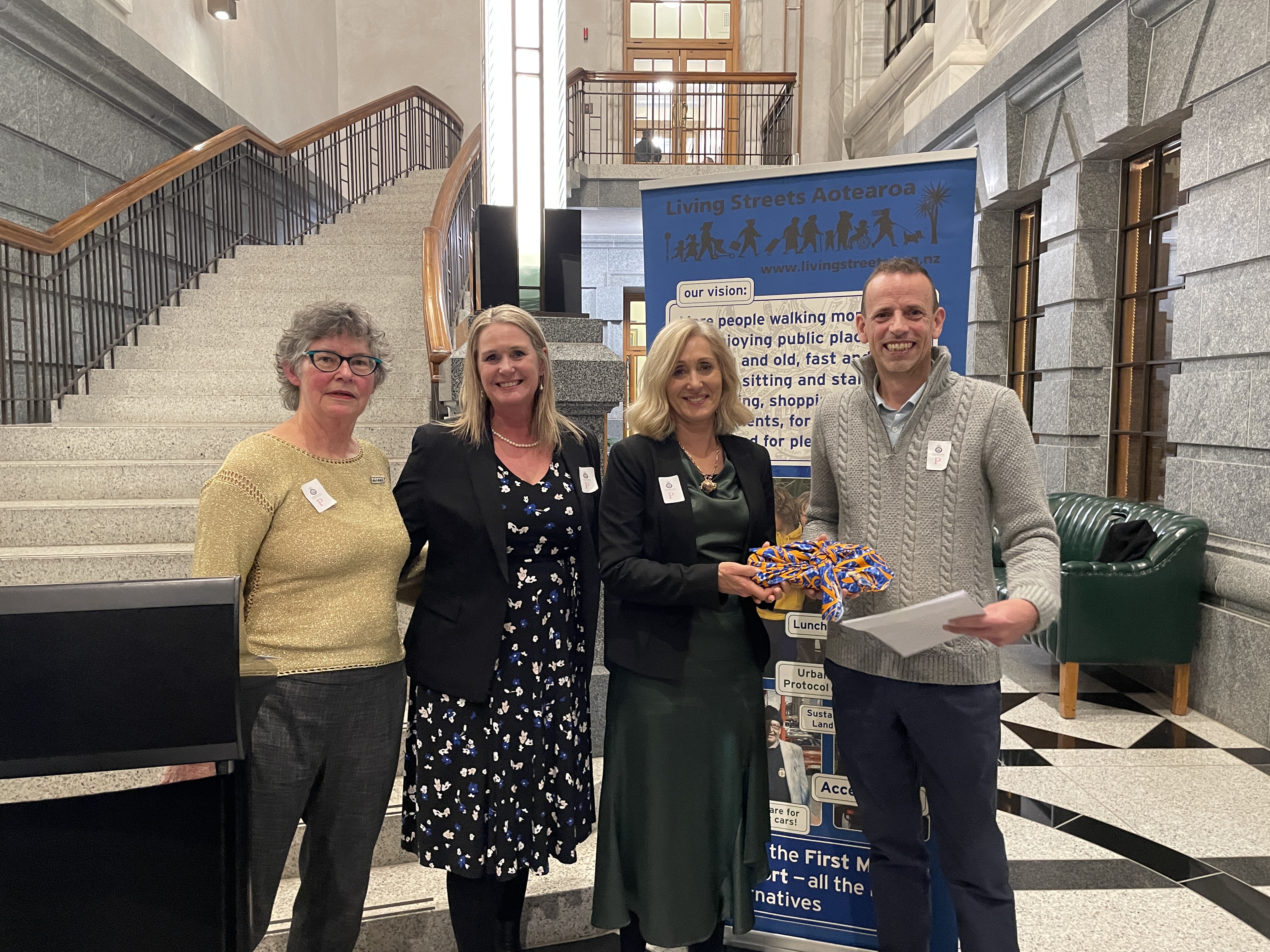 Photo: Ellen Blake (Living Streets Aotearoa), Pam Tramoundanas and Linda Smith (Andy Smith’s nieces), Alistair Hall from Wilderness Magazine.