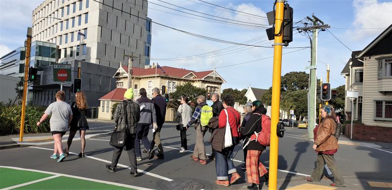 Image of people walking across a Wellington pedestrian crossing as part of a walkshop